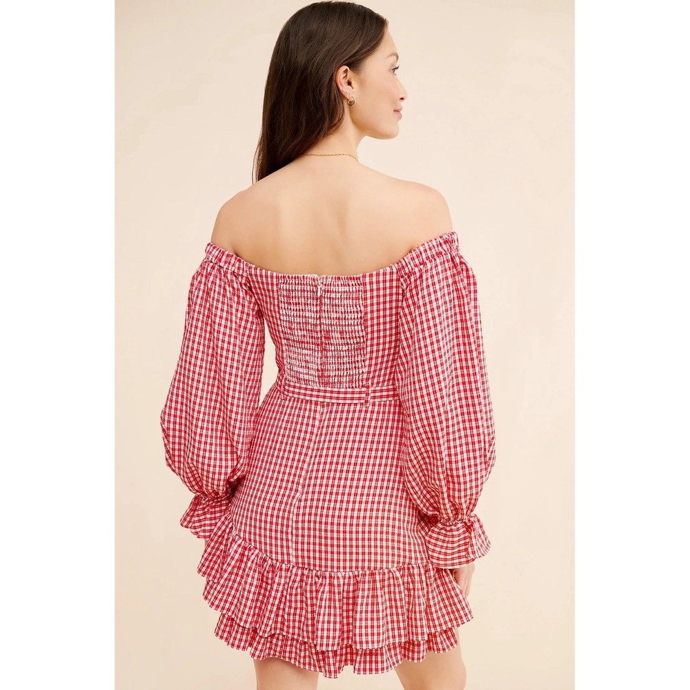 Anthropologie Maeve Bare Red Gingham Off Shoulder Frill Ruffled Mini Dress US 8 - Picture 3 of 11